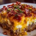 Delicious Garlic Parmesan Bacon Cheeseburger Casserole topped with herbs