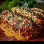 Delicious Garlic Parmesan Chicken Meatloaf served on a plate with herbs
