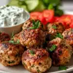 Plate of Greek turkey meatballs with tzatziki sauce on the side