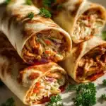 Grilled BBQ chicken wraps with coleslaw and fresh ingredients