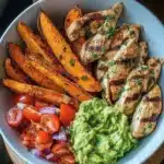 Grilled Herb Chicken Bowl with Sweet Potato Fries and Avocado Salsa