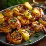 Delicious grilled jerk shrimp and pineapple skewers ready to be served