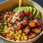 Delicious grilled shrimp bowl with avocado, corn salsa, and creamy garlic sauce.