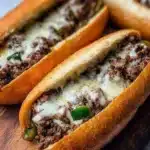 Delicious Ground Beef Philly Cheesesteak loaded with melted cheese and fresh toppings.
