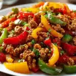 Ground turkey and colorful bell peppers dish on a plate
