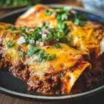 Delicious ground turkey black bean enchiladas topped with cheese and sauce