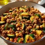 Ground turkey zucchini chickpea skillet dish, healthy and delicious meal.