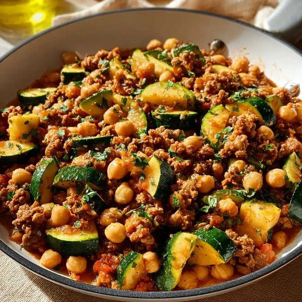 Ground turkey zucchini chickpea skillet dish, healthy and delicious meal.