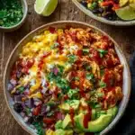 High-protein chicken enchilada bowl topped with fresh ingredients and avocado
