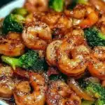High-protein honey garlic shrimp served with vegetables on a plate