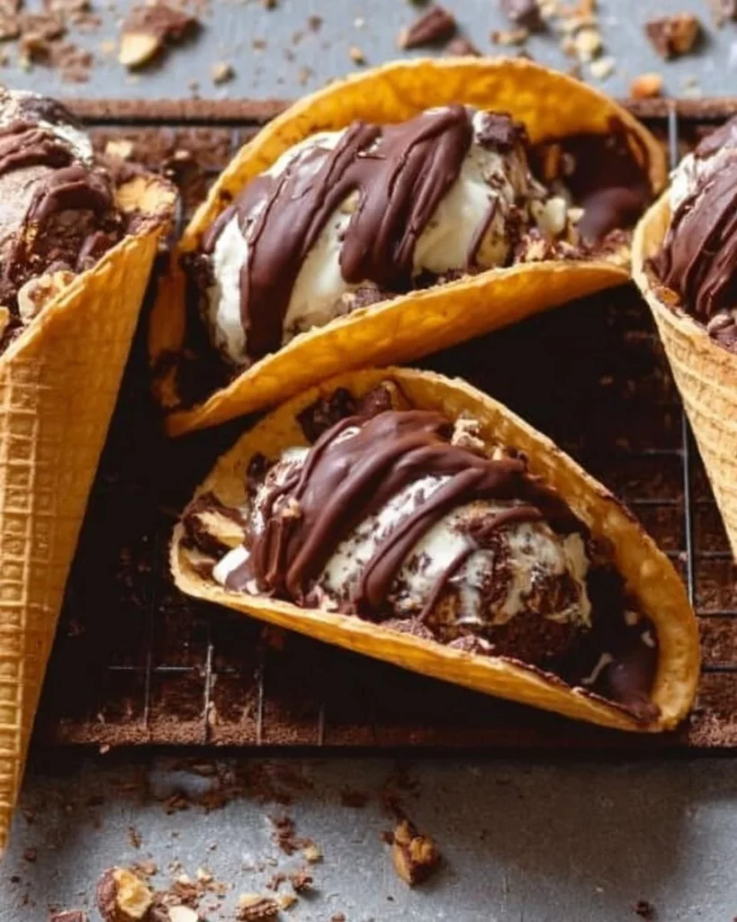 Homemade Choco Tacos filled with chocolate and ice cream