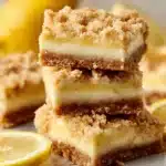 Delicious homemade lemon crumb bars stacked on a plate