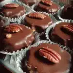 Homemade turtle candy with caramel, chocolate, and nuts on a plate.