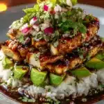 Honey Lime Chicken served over a flavorful avocado rice stack.