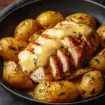 Indulgent chicken and potatoes with Dijon cream sauce on a plate