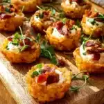 Plate of loaded tater tots appetizers topped with cheese and bacon