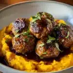 Meatballs with sweet potato mash and bourbon-maple sauce served on a plate.