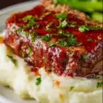 Homemade meatloaf with ketchup glaze on a white plate