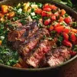 Delicious Mediterranean Steak Bowl with fresh vegetables and herbs