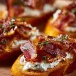 Delicious Million Dollar Bacon Crostini topped with fresh ingredients