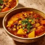 Bowl of Native American Three Sisters Stew with corn, beans, and squash