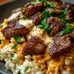 One-Pan Steak Queso Rice dish with beef and cheese sauce