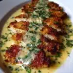 Parmesan Crusted Chicken topped with Creamy Garlic Sauce served on a plate