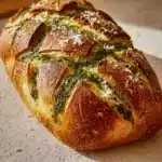 Freshly baked Pesto Parmesan Sourdough loaf with herbs and cheese