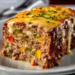 Delicious Philly cheesesteak meatloaf garnished with melted cheese and peppers