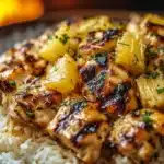 Delicious plate of pineapple chicken served with rice and colorful vegetables