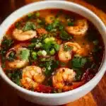 Delicious quick and spicy shrimp soup in a bowl with herbs and spices