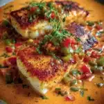 Red Snapper fillet topped with creamy Creole sauce served on a plate