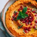 Roasted carrot and red pepper feta dip served in a bowl with fresh herbs