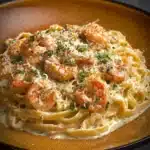Creamy Shrimp Alfredo pasta dish with shrimp and fettuccine