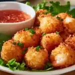 Homemade shrimp balls served on a platter with dipping sauce.