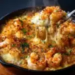 Delicious and creamy shrimp casserole served hot in a baking dish