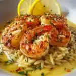 Shrimp orzo with lemon garlic sauce served in a bowl