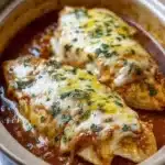 Slow Cooker Mozzarella Chicken topped with fresh herbs and melted cheese
