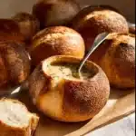 Delicious sourdough bread bowls filled with soup and garnishes.