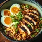 Bowl of spicy and creamy chicken ramen topped with fresh herbs and vegetables