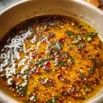 A bowl of spicy garlic butter sauce with fresh herbs and melted butter.