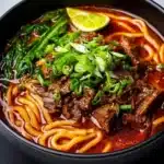 Bowl of Spicy Korean Gochujang Beef Noodles garnished with green onions