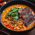 Delicious Spicy Korean Ramen topped with grilled beef and fresh vegetables