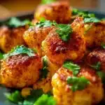Plate of spicy Mexican corn bites garnished with fresh herbs