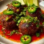 Delicious Spicy Mexican Donkey Balls served on a platter with dipping sauce.