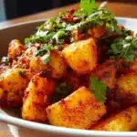 Delicious spicy Mexican-style street potatoes garnished with herbs.