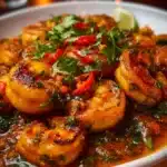 Delicious Spicy Voodoo Shrimp served on a plate with spices and garnishes.