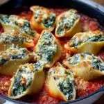 Spinach and ricotta stuffed shells served in a creamy sauce, garnished with parsley.