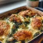 Spinach Artichoke Baked Chicken dish ready to serve