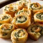 Bite-sized pinwheels filled with creamy spinach dip for a tasty appetizer.